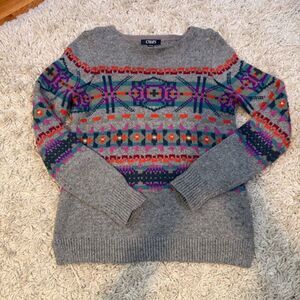 Chaps Fair Isle Petite Sweater P/S Gray Multi Cottagecore Cabincore Boho